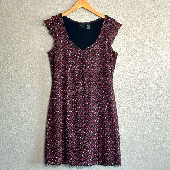 Vtg Chiffon Floral Mini Dress Black Red Lined V Neck Flutter Cap Sleeve Sz Large - Picture 1 of 8